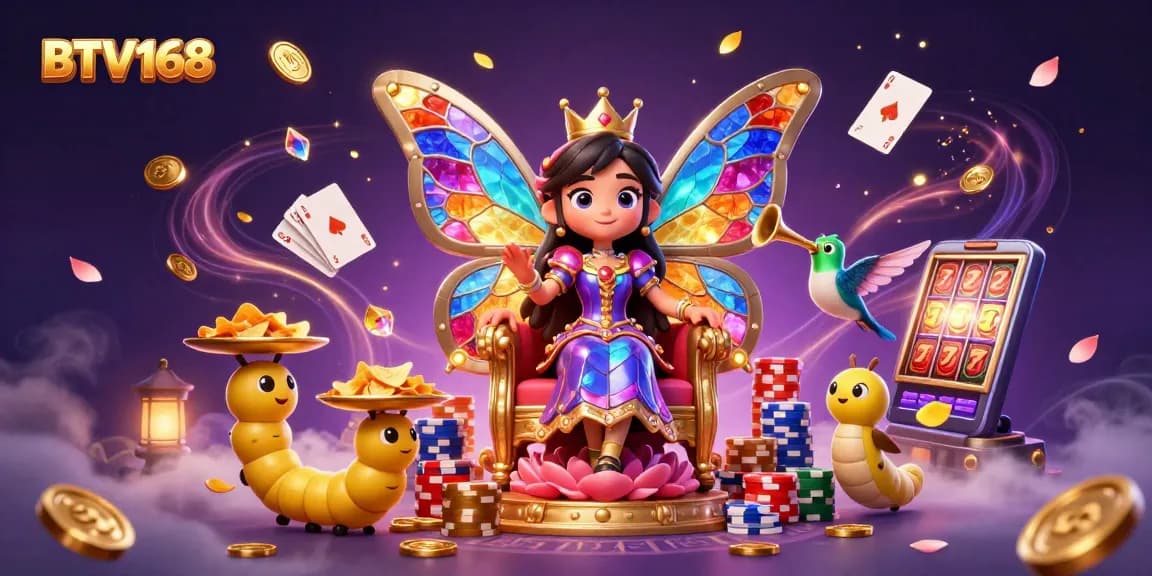 Experience thrilling gameplay at BTV168 with a vibrant casino scene featuring a butterfly queen and dynamic elements.