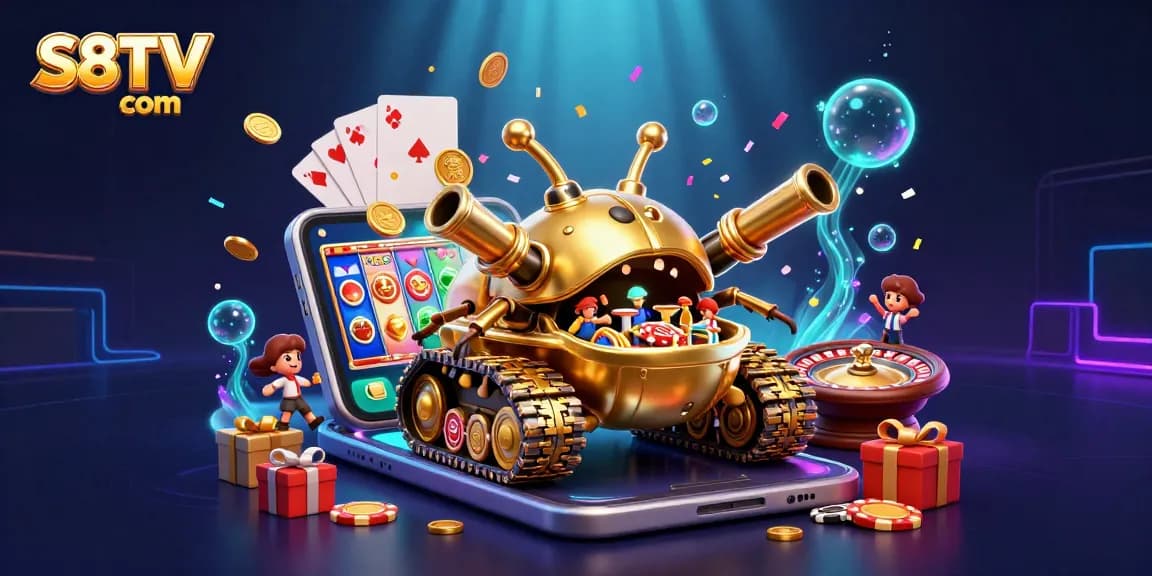 S8TV com features an ultra-detailed 3D illustration of a golden beetle tank mini-casino bursting with exciting gaming action.