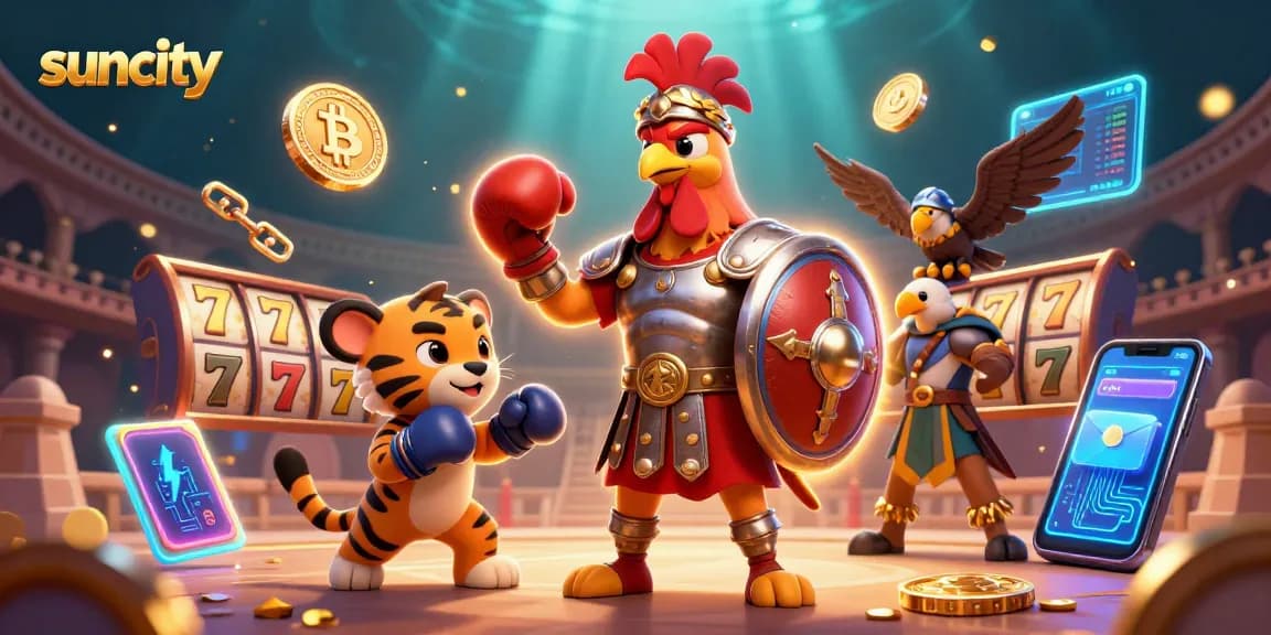 Engage with stunning Suncity casino visuals featuring a gladiator and vibrant gaming elements.