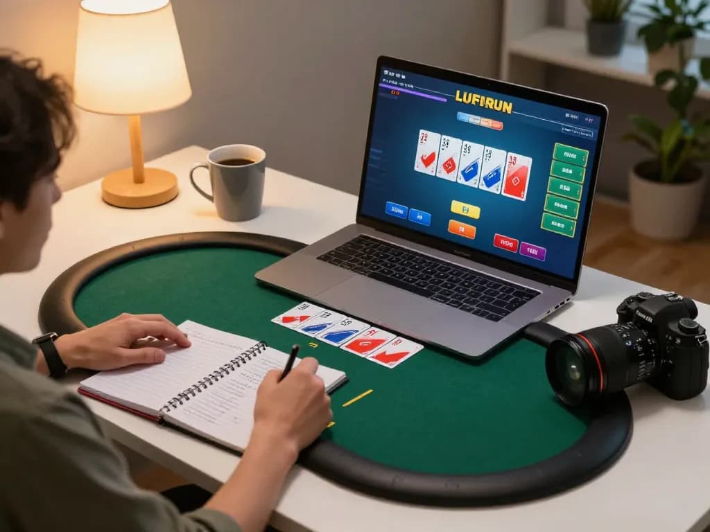 Player strategizing IWIN poker gameplay on a laptop, showcasing online casino interaction.