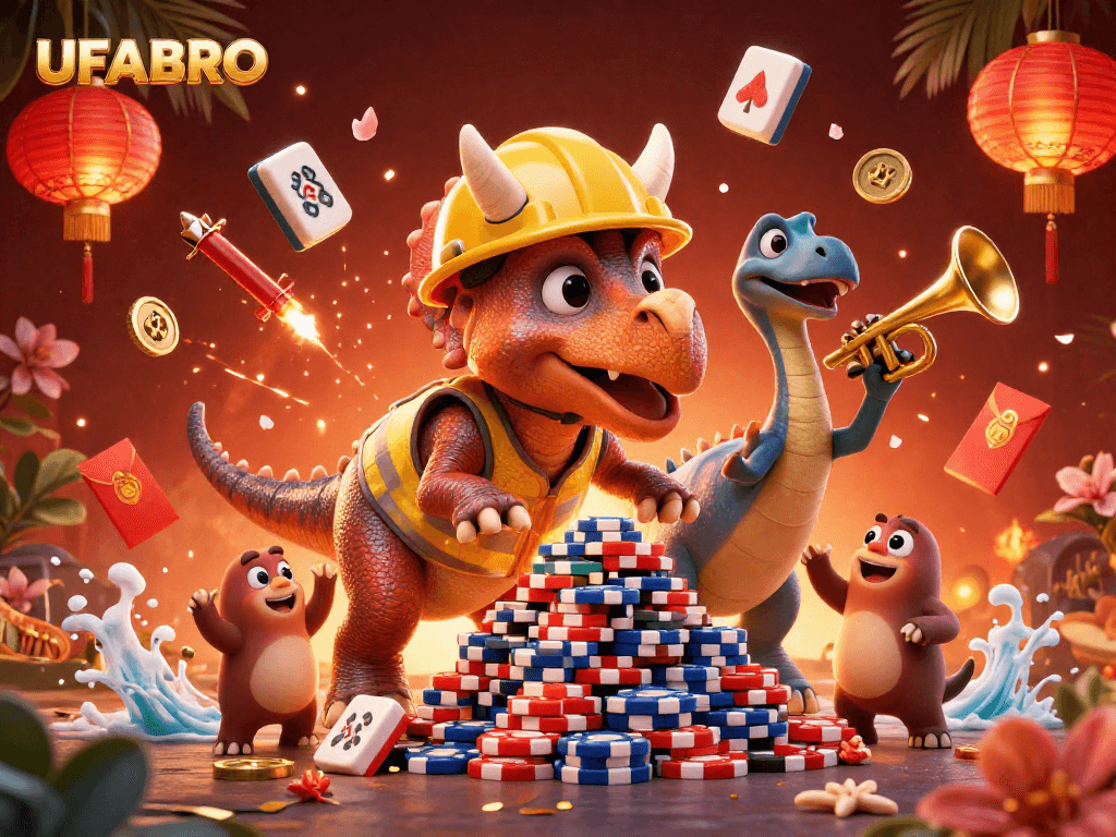 UFABRO offers playful casino fun as a triceratops and friends build poker chip towers in celebration.