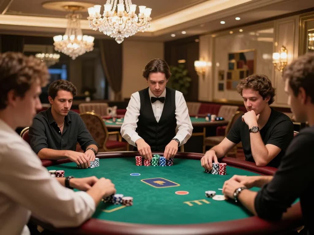 GO88 players strategizing at an upscale poker table in a luxurious casino.