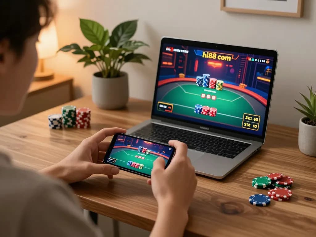Dynamic scene of a user engaging with hi88 com on a smartphone during an online casino game.