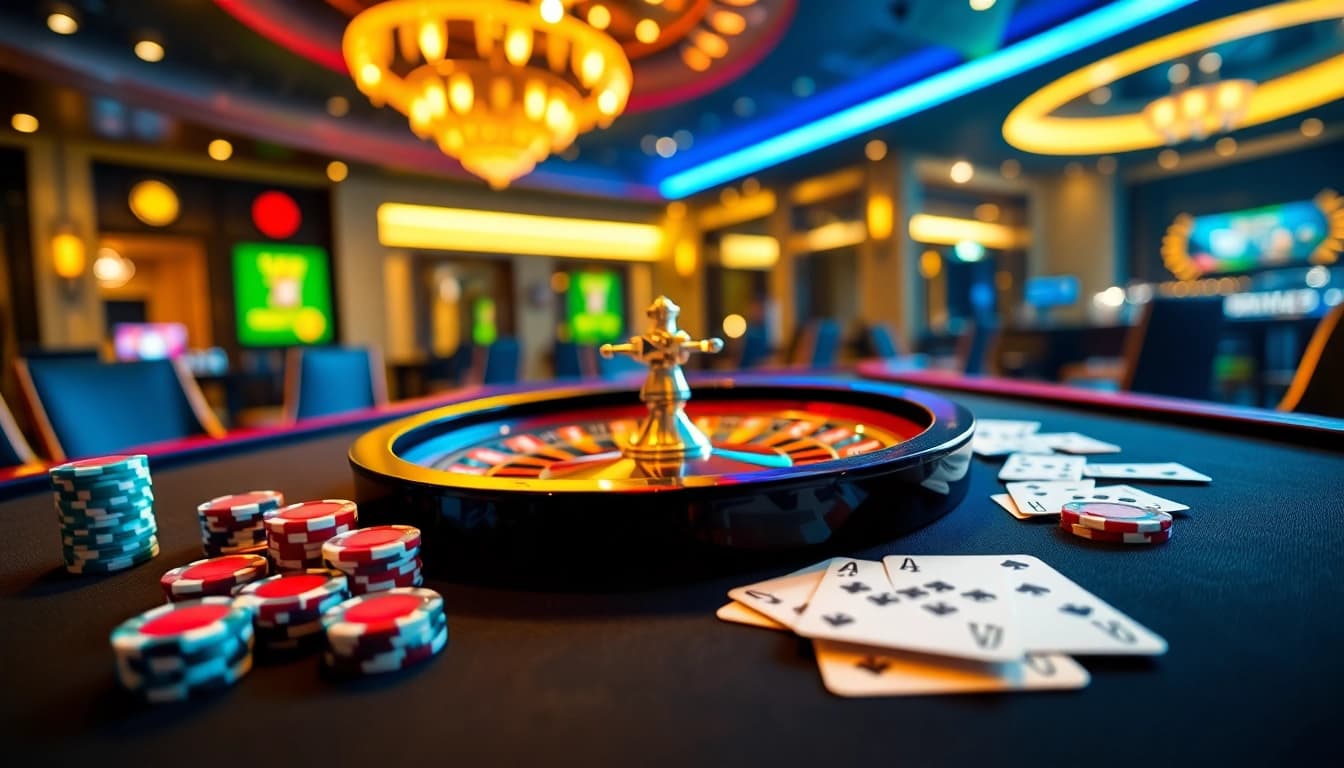 Experience thrilling gameplay at rr88 mov with poker chips, cards, and casino tables in a vibrant setting.