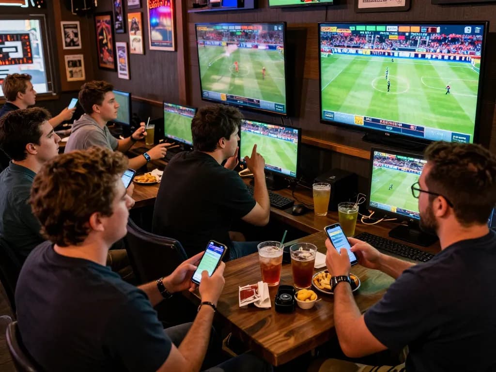 Engaged players betting through https://goal123.ac/ at a lively sports bar, surrounded by screens showcasing live events.
