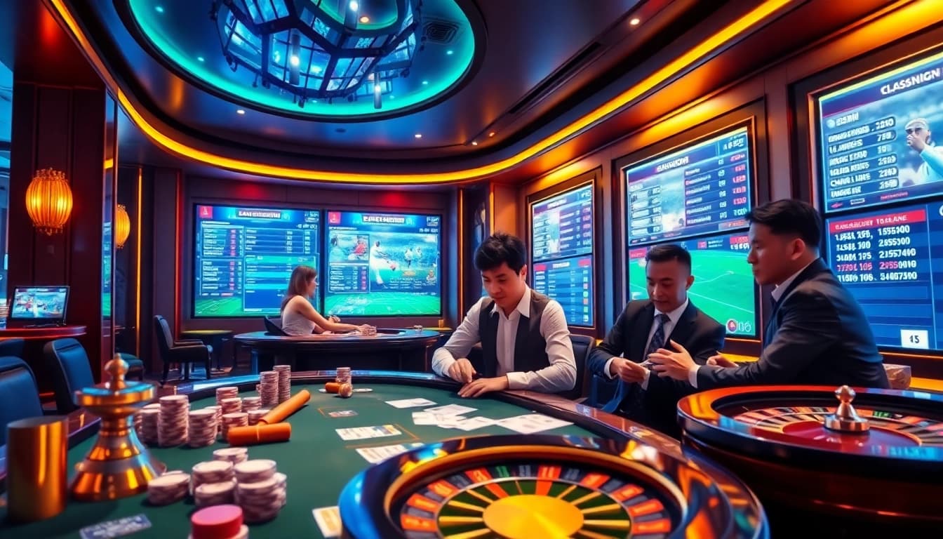 Tỷ lệ kèo showcased with a vibrant sports betting table, exciting atmosphere, and engaged gamblers.