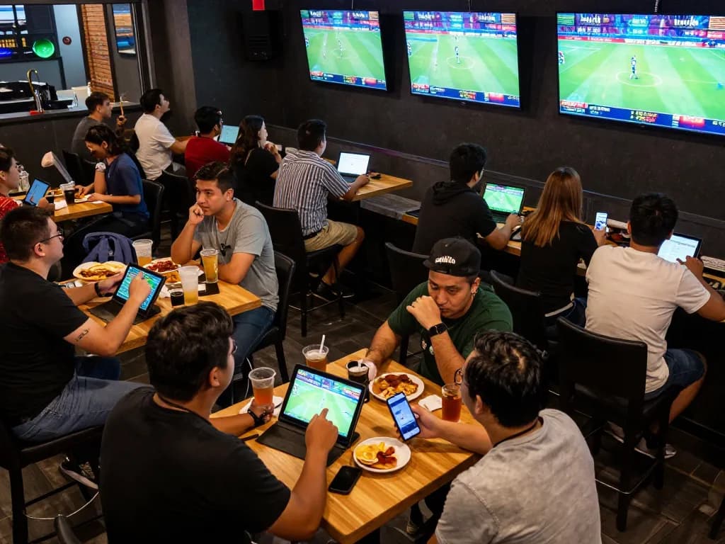 Sports fans engaging in dynamic betting action at 68win, with lively screens and excitement