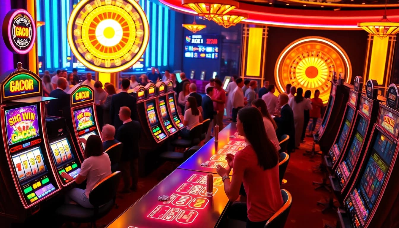 Experience the excitement of slot gacor with players winning on vibrant slot machines in a luxurious casino.