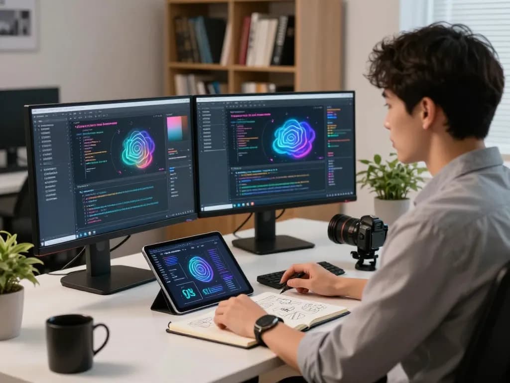 Dynamic tech workspace showcasing a professional coding on AI software, illustrating juicy ai innovation in action.