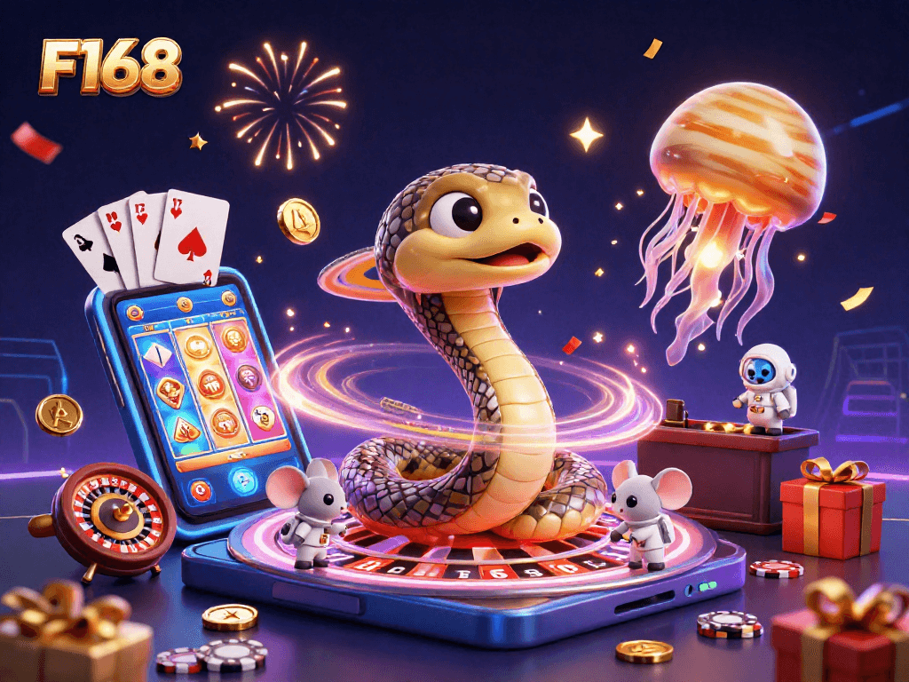Experience thrilling gameplay at F168 with a coiled Saturn snake as a roulette wheel amidst cosmic betting action.