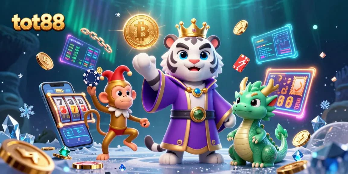 Engage with tot88's vibrant crypto casino scene featuring a royal tiger and playful monkey.