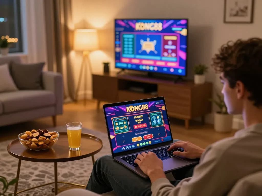 KONG88 player enjoying live dealer games on laptop in cozy home setting.