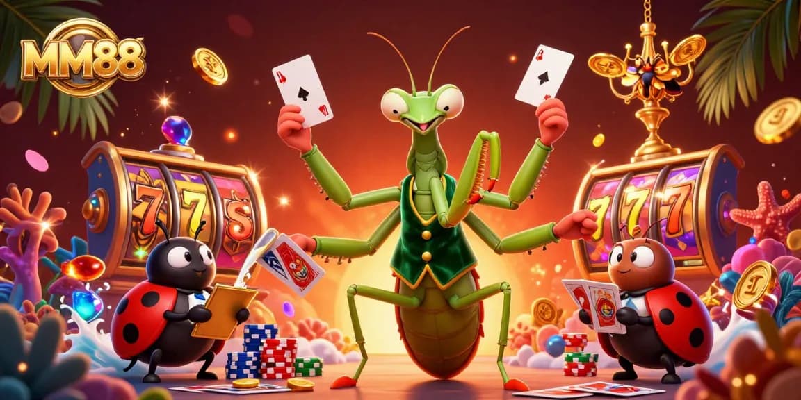 Experience the vibrant excitement of MM88, with a giant card sharp and pit boss in a dynamic casino scene.