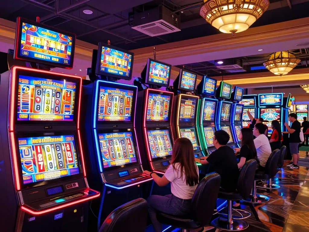Players celebrating big wins at a colorful slot machine area in a vibrant casino