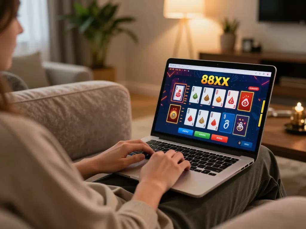 Engaged player using the 88xx online gaming platform with a lively card game displayed on their laptop.