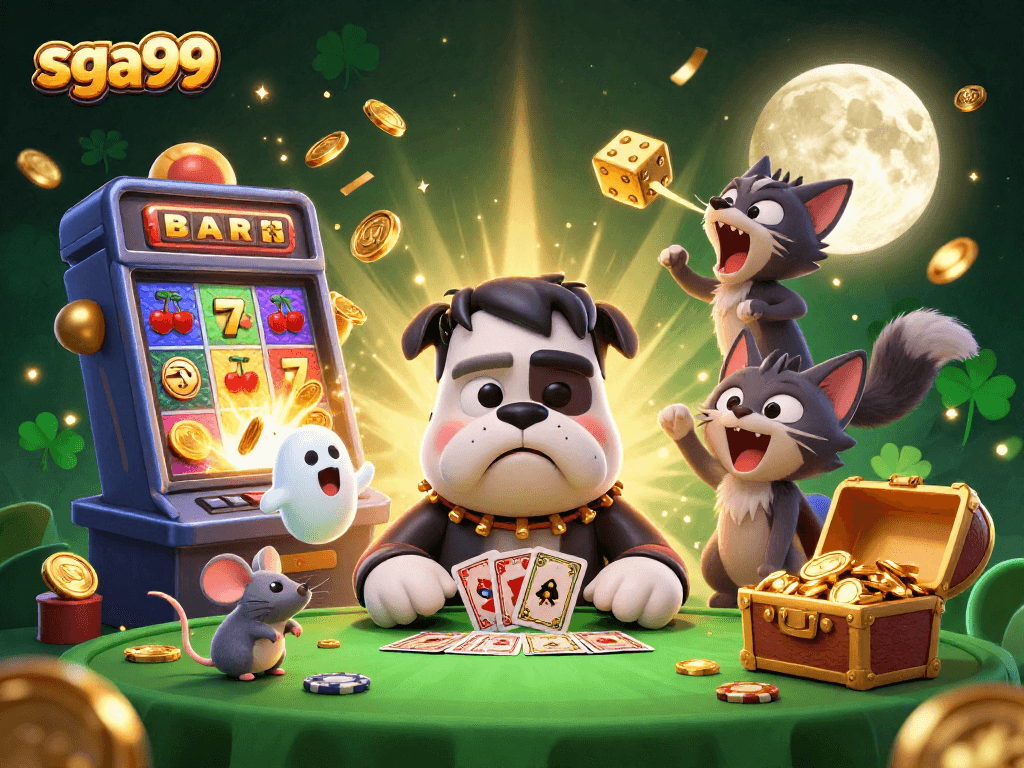 Engaging sga99 scene with a cartoon bulldog and kitten at a casino table, showcasing thrilling gaming action.