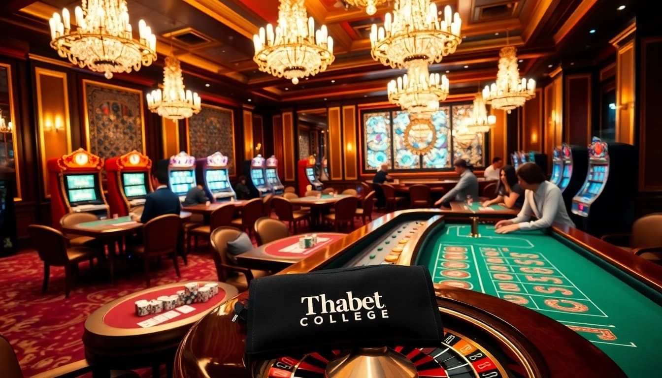 Experience high-stakes poker at Thabet College's glamorous casino table, as players strategize their bets.