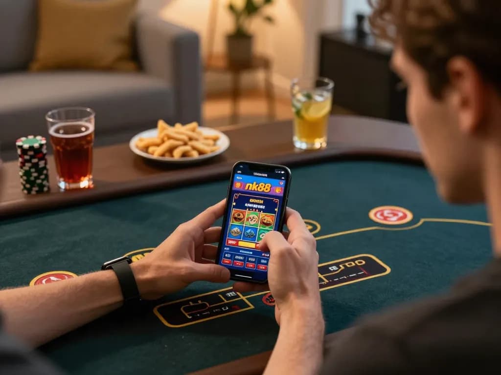 Player engages with the nk88 casino app on smartphone, illustrating modern online gambling.