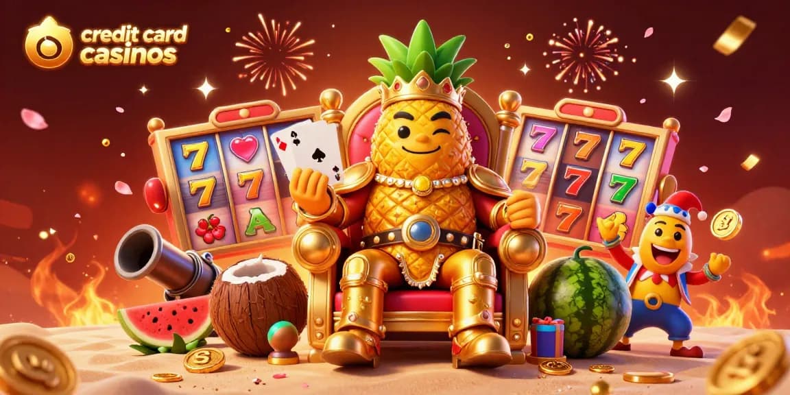 Experience the excitement of credit card casinos with vibrant slot machines, golden coins, and casino-themed characters.