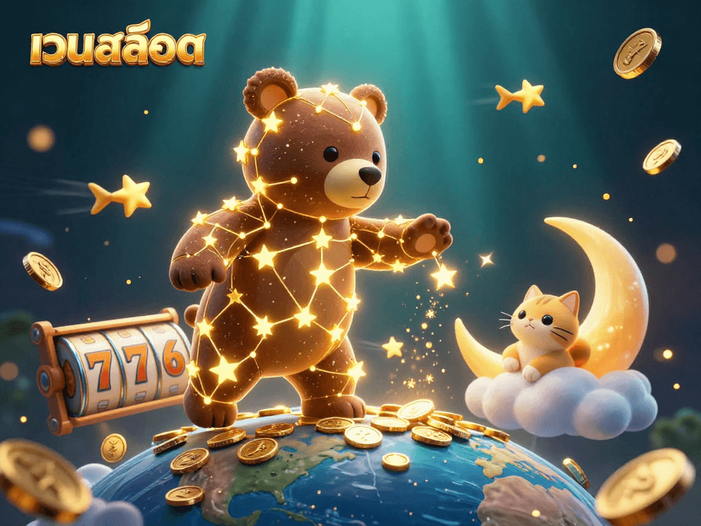Experience thrilling เว็บสล็อต action with golden stars, slot reels, and cosmic companions.