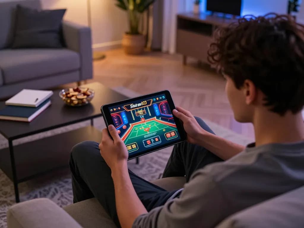 Situs Tempo123 player strategizing on tablet while enjoying home gaming comfort, engaged in online slots.