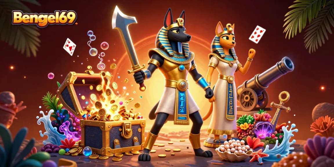 Bengkel69 captures the thrill of gameplay with Anubis and treasures in a vibrant, dynamic casino scene.