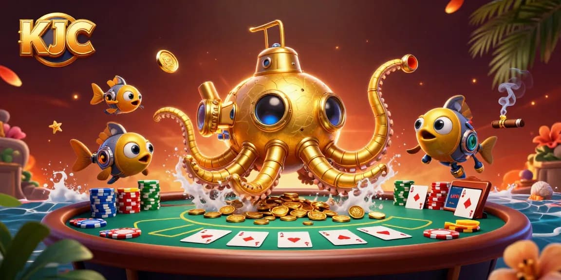 KJC players enjoy thrilling poker games surrounded by a vibrant scene of golden coins and excitement.