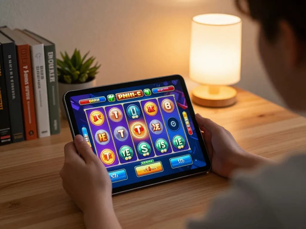 Person engaging in online slot gaming on a tablet showcasing vibrant reels and exciting gameplay