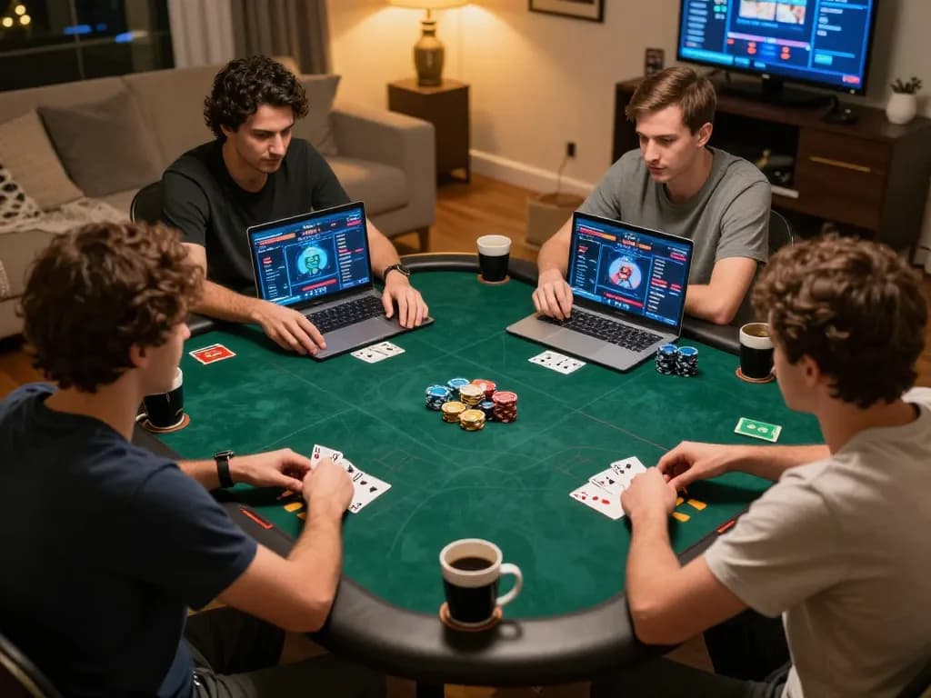 Pengalaman bermain game online yang menarik di dasi4d link alternatif, menampilkan pemain di laptop dengan antarmuka poker dalam pengaturan rumah yang nyaman.