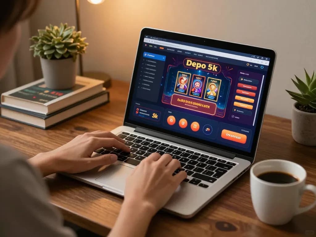 Engaging online gaming moment at home with slot depo 5k displayed on laptop screen.