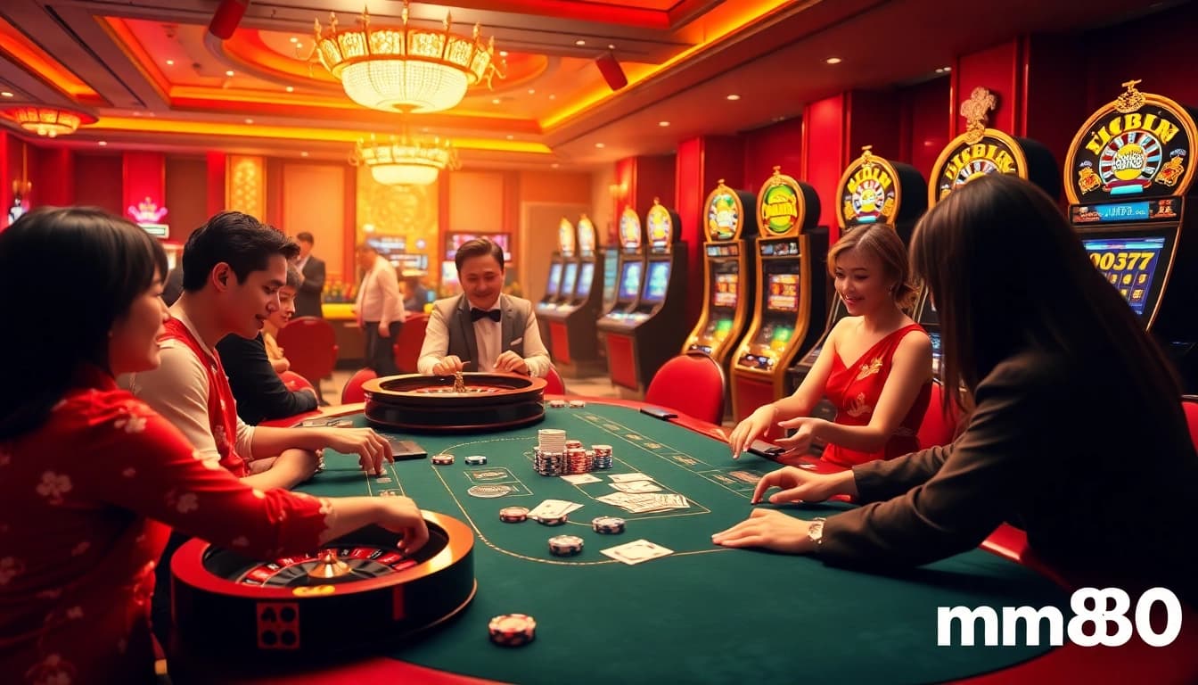 Experience thrilling casino action at trang chủ mm88 with lively players at a poker table and colorful chips scattered on a luxurious poker setup.