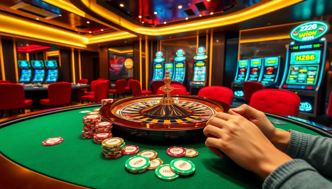 Players strategically betting at HZ88 win poker table with vibrant chips and roulette wheel in luxury casino