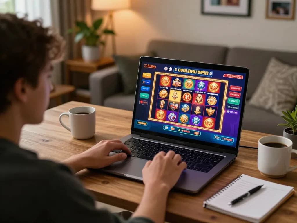 Player enjoying non gamstop casino games on laptop in cozy home office atmosphere