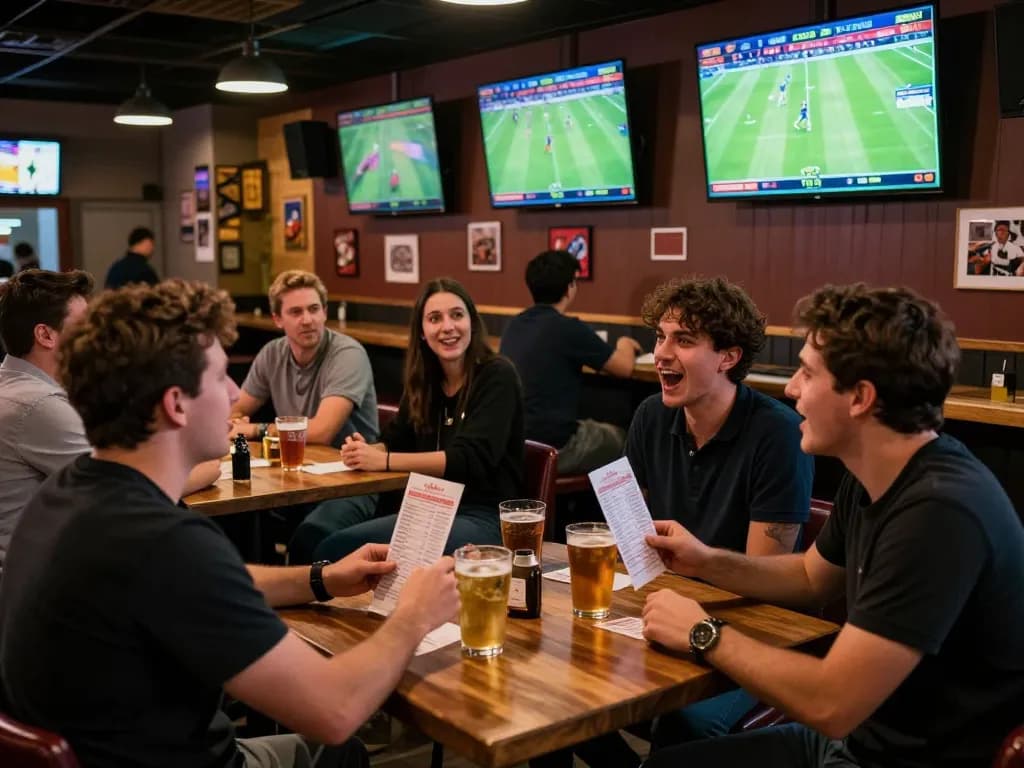 Soi kèo bóng đá strategies discussed enthusiastically at a lively sports betting bar during live matches.