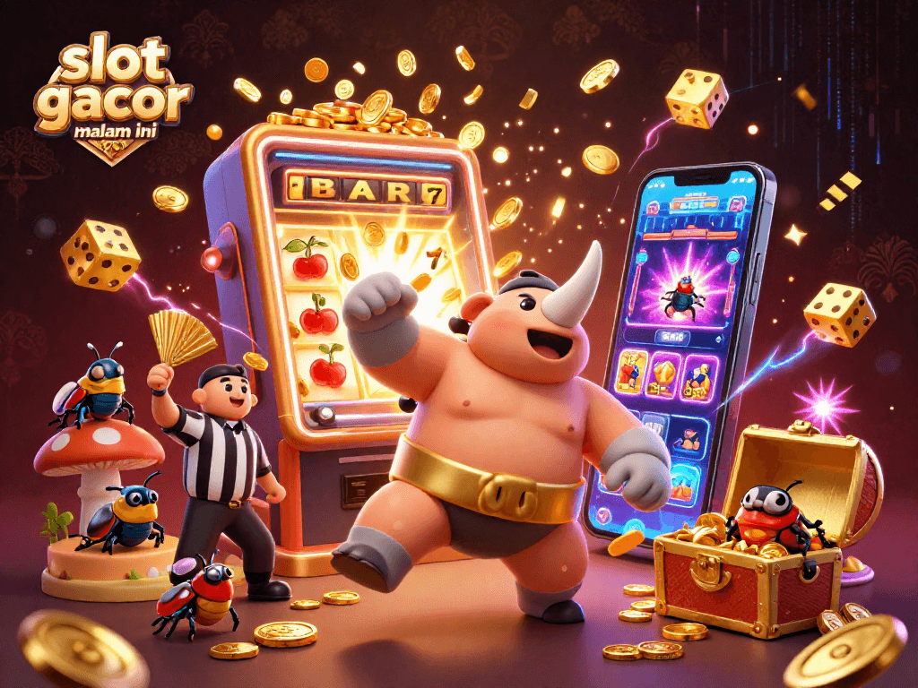 Experience the excitement of slot gacor malam ini with thrilling visuals of a dynamic casino scene featuring playful beetle characters.