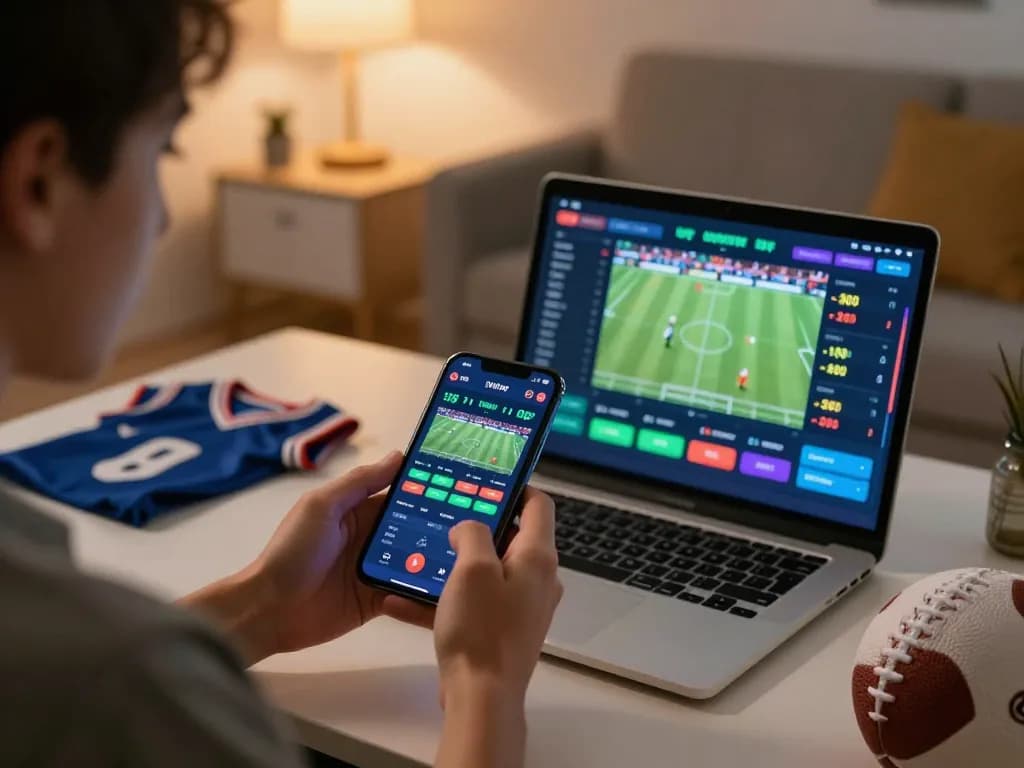Pengguna yang terlibat memasang taruhan di bandar togel menggunakan smartphone dan laptop di lingkungan rumah yang nyaman.