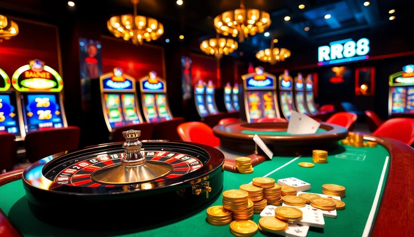 Experience RR88's vibrant casino atmosphere with roulette wheels and poker tables.