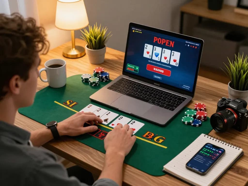 Engage in online blackjack gameplay with ทางเข้า m106 on a laptop surrounded by strategy notes and a cozy atmosphere.