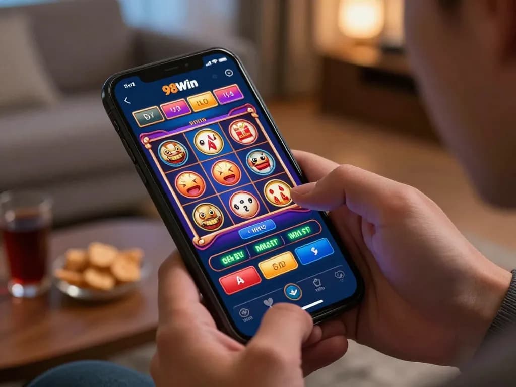 Player enjoying the 98win mobile app for casino gaming in a cozy home setting