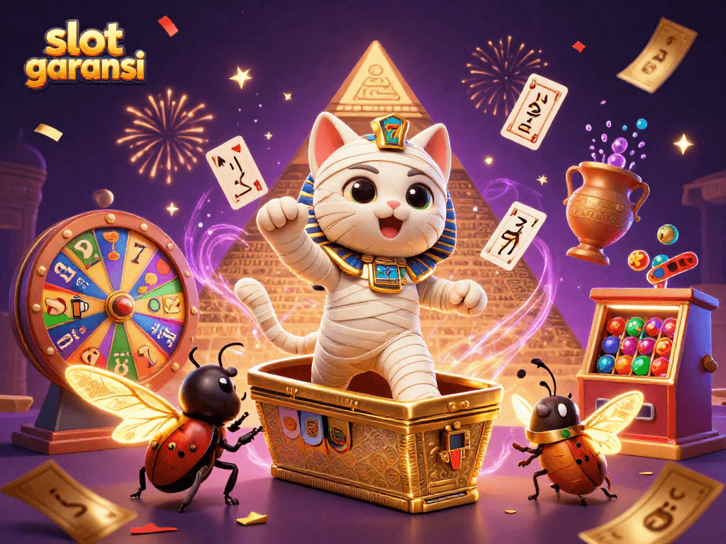 Experience the excitement of slot garansi with a vibrant casino scene illustration featuring a mummy cat.