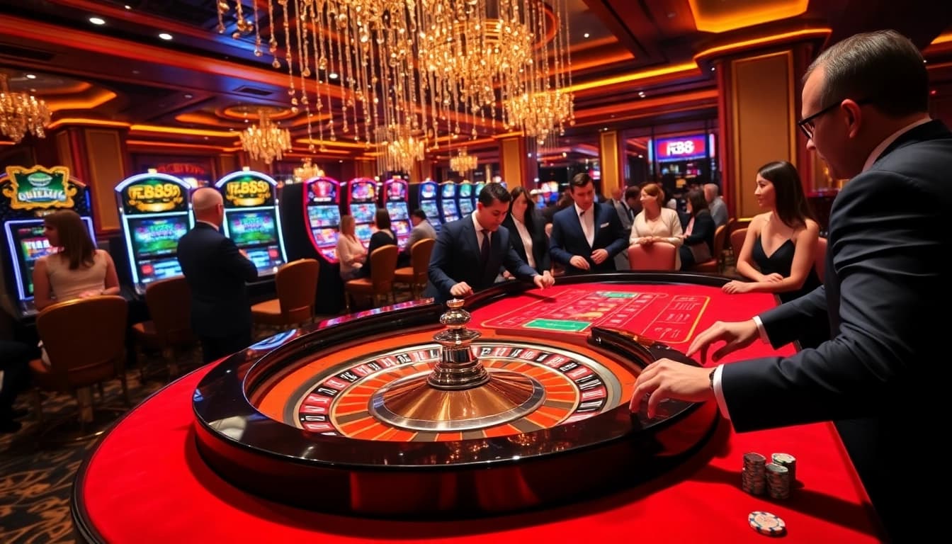 Engaging gamers at FB68 casino tables surrounded by vibrant slot machines and roulette excitement.