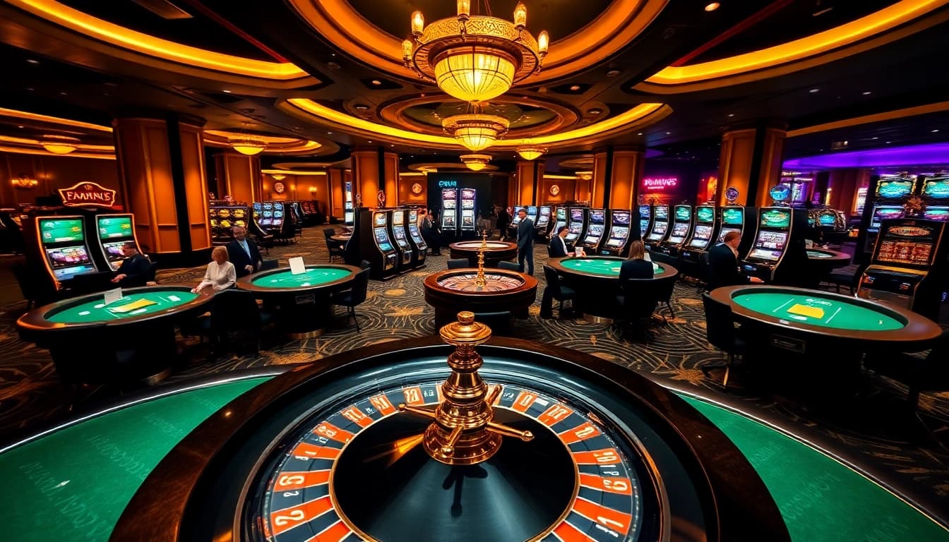 A casino scene highlighting the thrill of gaming at https://33win5.it.com/ with players at roulette and poker tables.