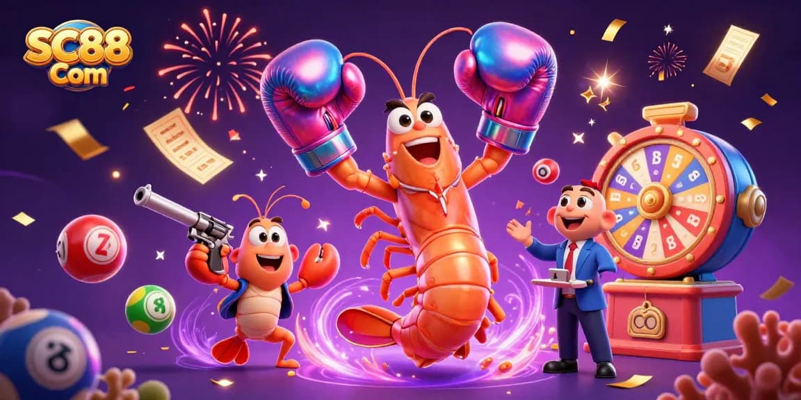 Engage with SC88 Com's thrilling lottery dynamic, featuring a vibrant 3D illustration of playful shrimp.