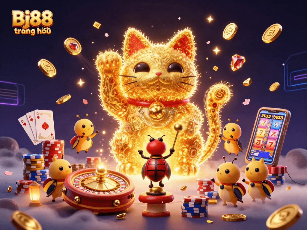 Bj88 trang chủ lucky cat illustration surrounded by casino elements like coins and cards