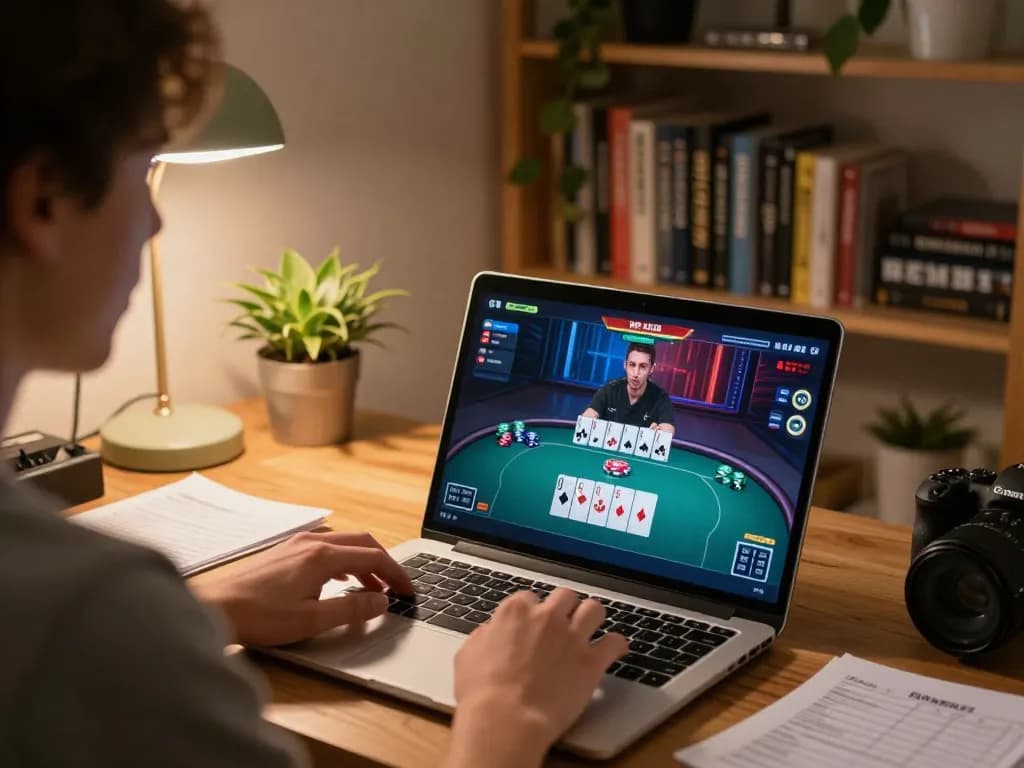 Engaging user enjoying an online poker game at iwin club on laptop in a comfortable home setting