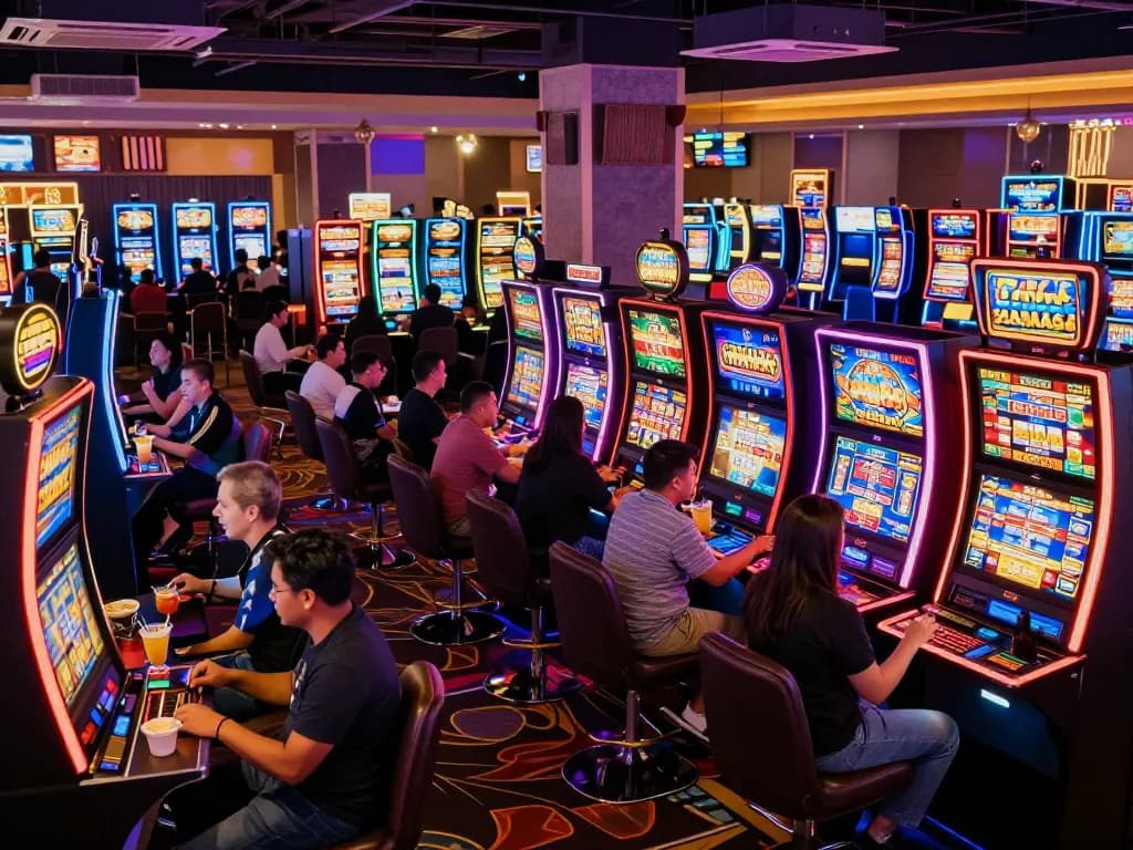 Players enjoying slot gacor at vibrant casino, colorful machines and exciting atmosphere.