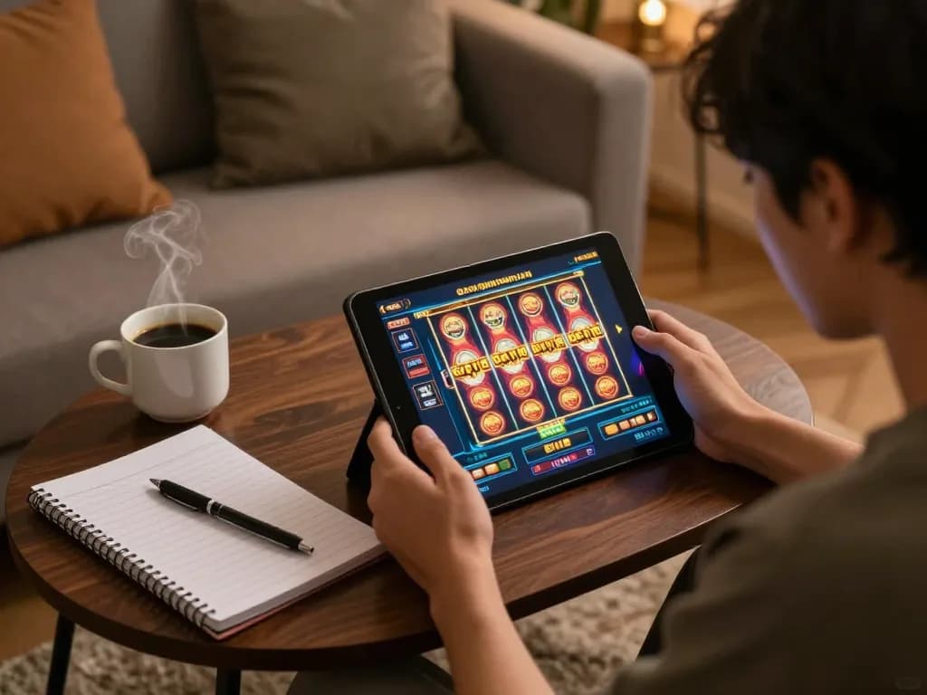 Engaging player focused on slot gacor gampang menang on tablet in cozy living room.