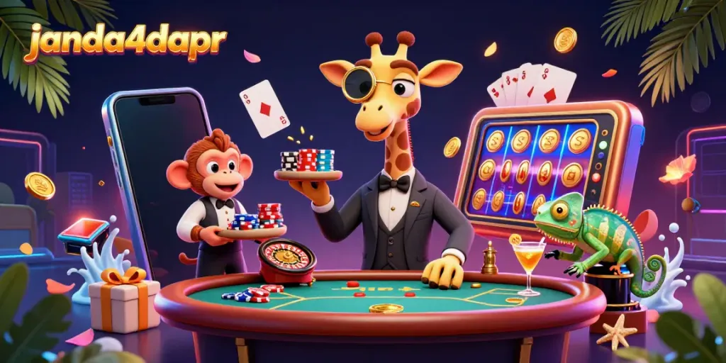 Gambarlah janda4dapr di kasino dengan jerapah berbusana mewah, monyet pelayan, dan bunglon bartender.