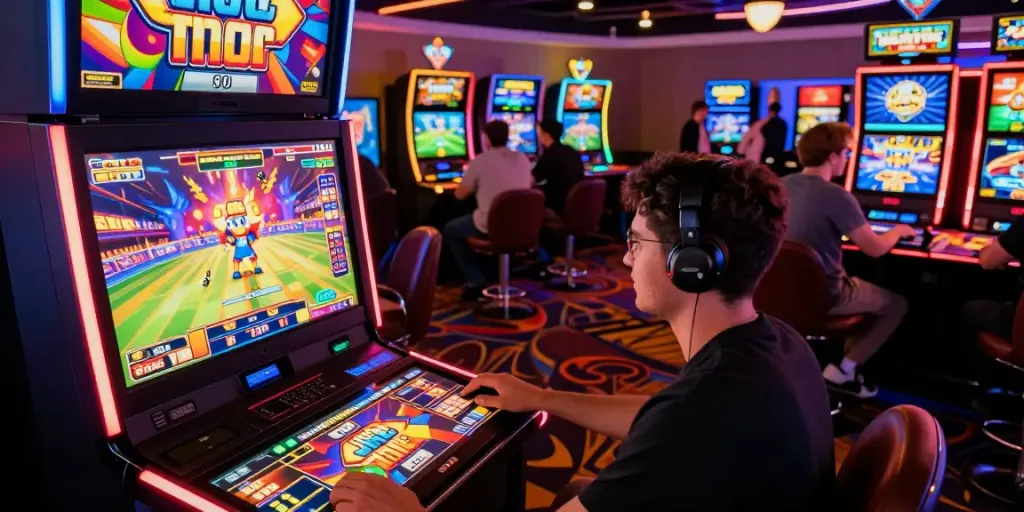A vibrant A80 gaming scene with players enjoying various digital casino games in an immersive atmosphere.