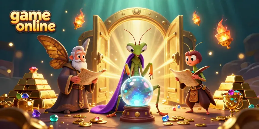 Play engaging game online with a mystical scene featuring fortune tellers and treasures.